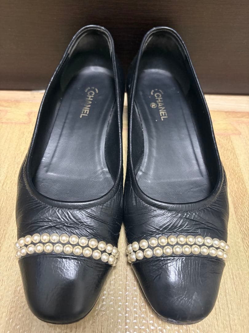 シャネル　パール付きバレエシューズ　パンプス　38 24.5cm ブラック定番