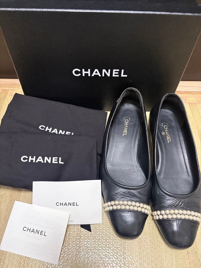 シャネル　パール付きバレエシューズ　パンプス　38 24.5cm ブラック定番