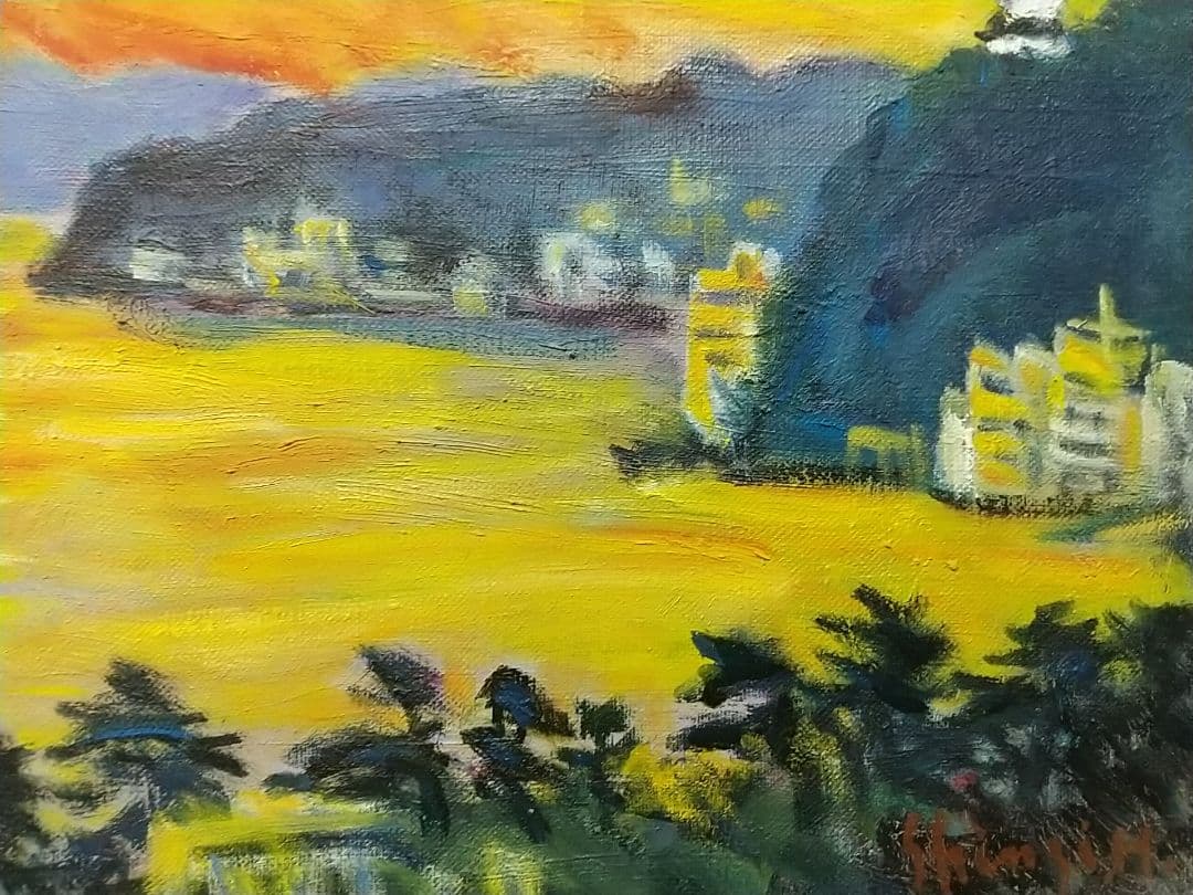 絵画「朝しずか」熱海 真作 F4 1984 油絵 油彩画 風景画 アート