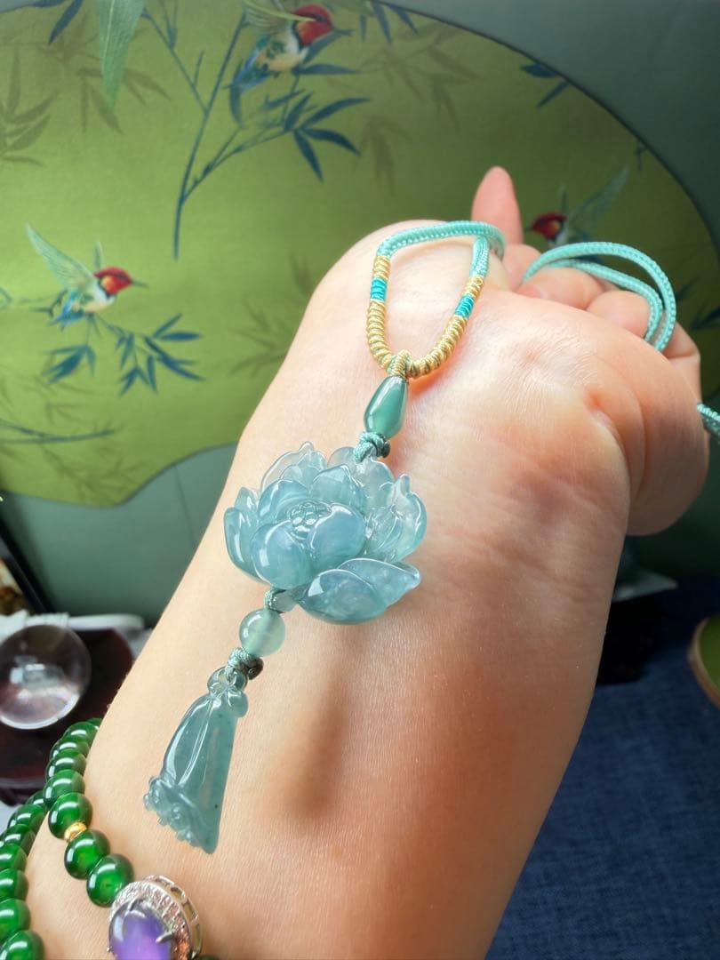 美品❣️天然本翡翠 高品質、氷藍水精巧な蓮花＆蓮