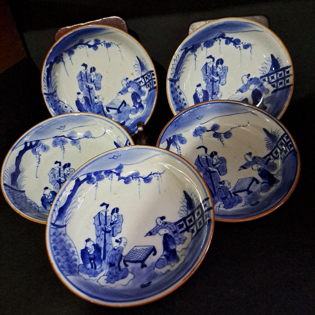 中国古玩　大清成化年　取皿　　山水人物図　染付青磁　五客セット 中国古玩 大清成化年 取皿 山水人物図 染付青磁 五客セット 中国古玩