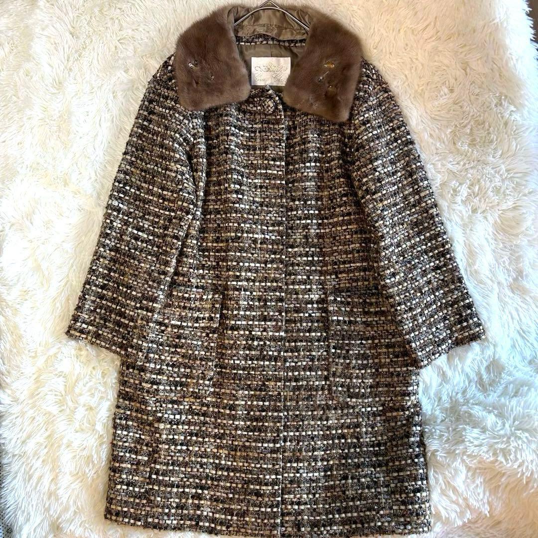 美品】グレースクラス ビジュー付ミンクファー ツイードノーカラー