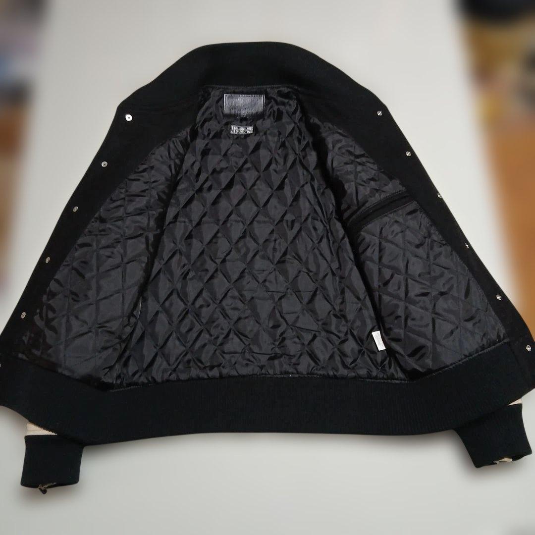 ブランドコラボウール混本革牛袖スタジャン黒ベージュボーンスカル