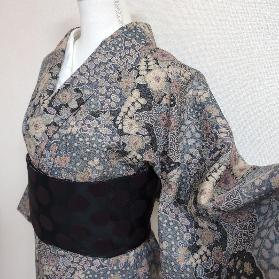 三花】美品 洗える着物 辻ヶ花 グレー 鼠 袷 リサイクル リユース