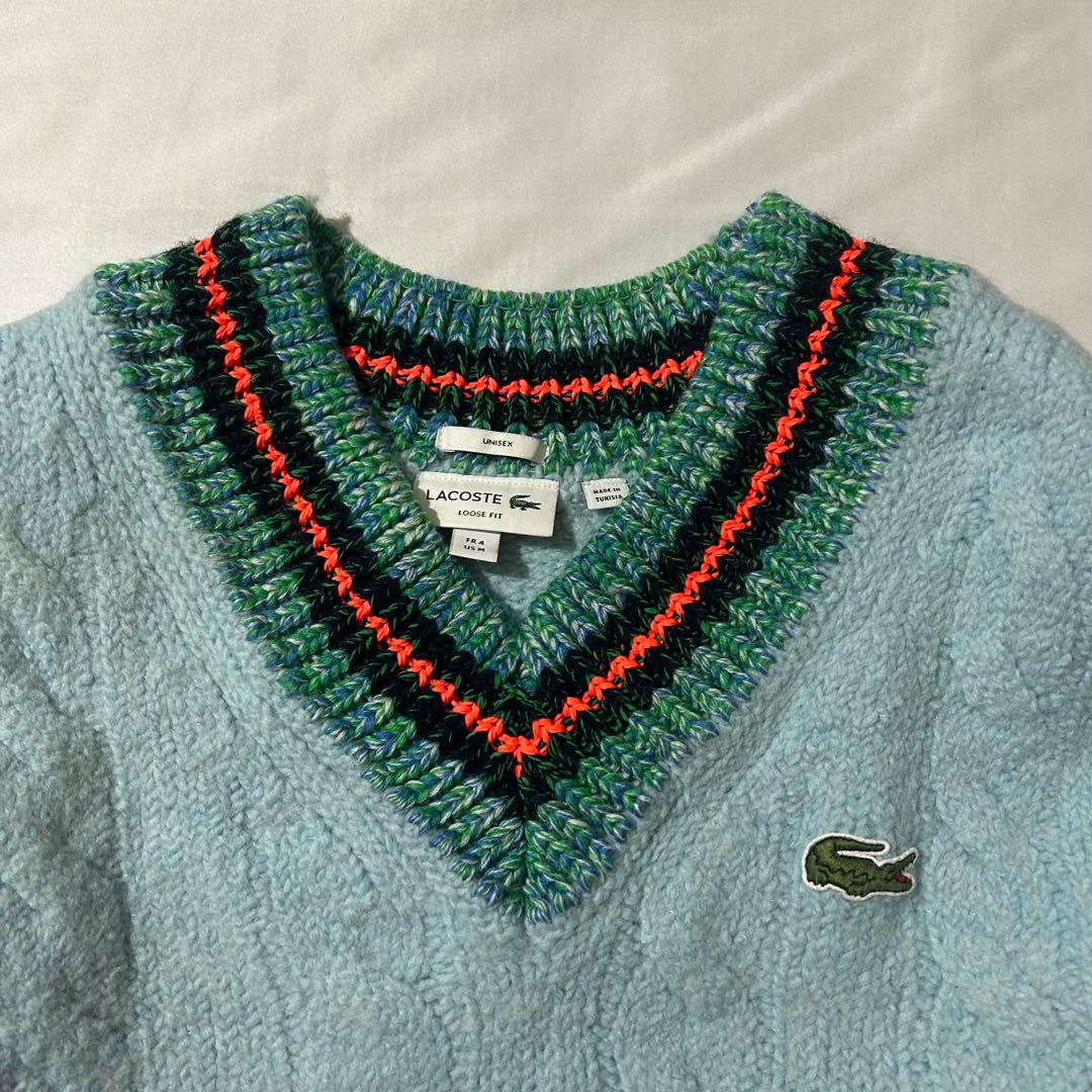 完売品 Lacoste デコラティブリブニットチルデンセーター ウール ロゴ