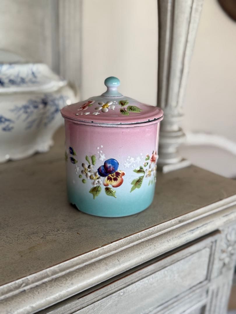 フランスアンティークホーロージャピー社ハンドペイントのマリアージュキャニスター フランスJAPYジャピー社 アンティークホーロー両手鍋 ピンクローズ