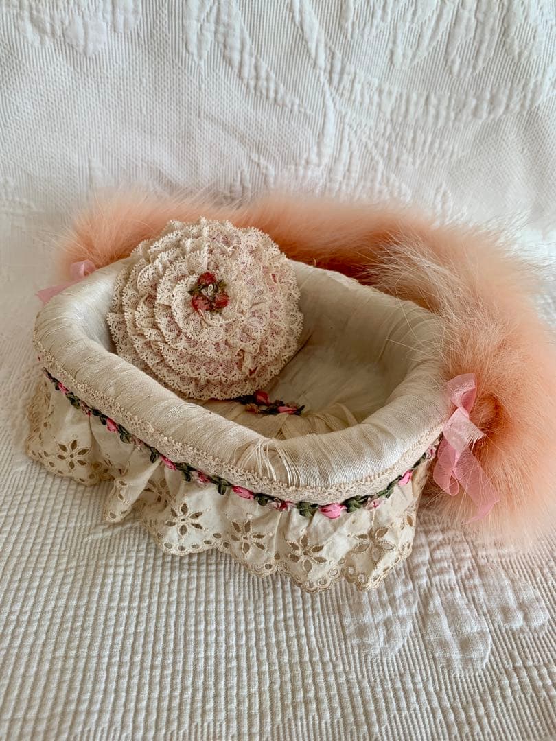 フランスアンティークカットワークレースフラワーガールバスケット＋