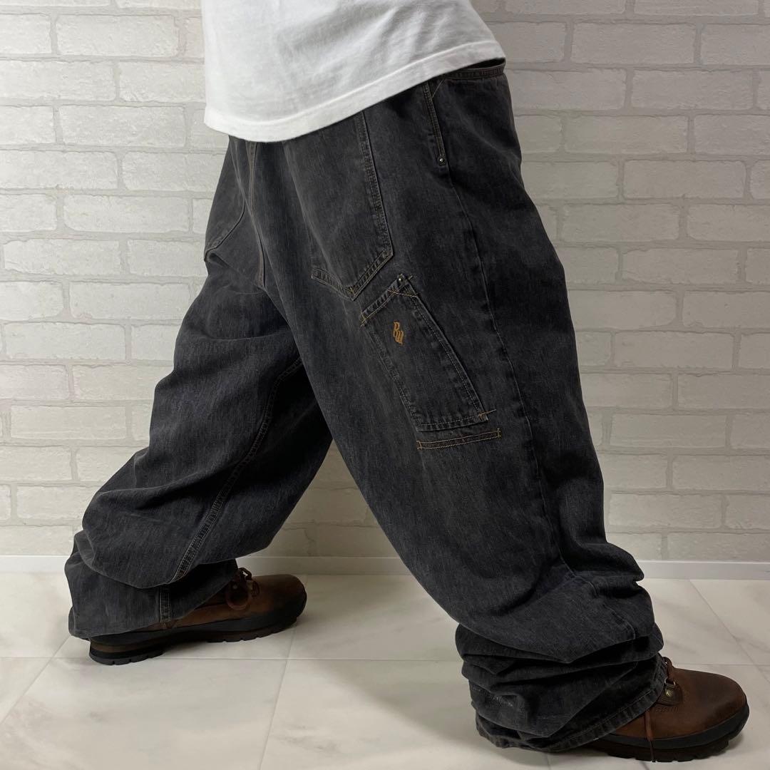 00s ロカウェア 先染め ブラック ワイド デニム バギーパンツ 刺繍 極太