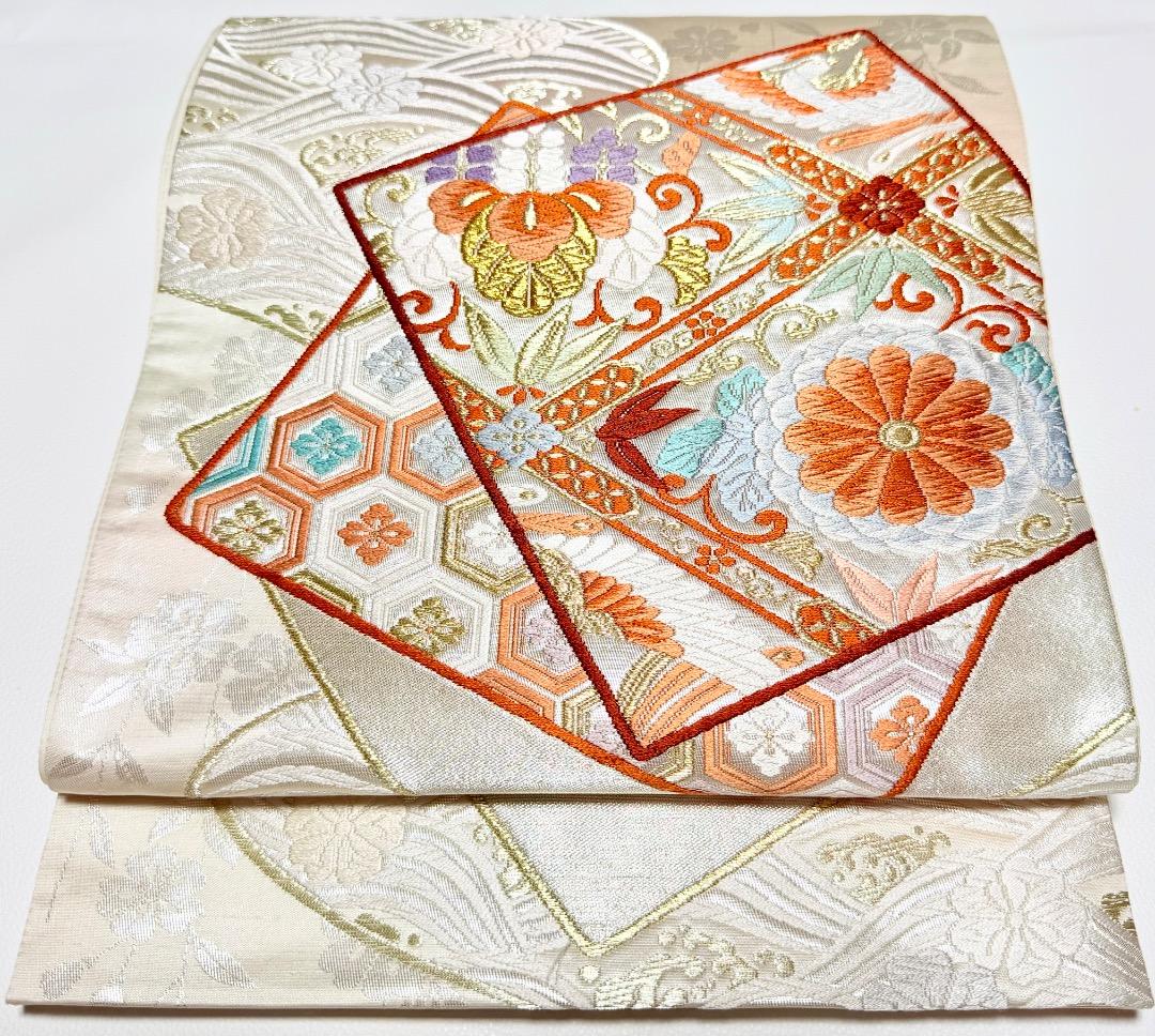 高級 袋帯 正絹 六通柄 香織袋帯 シルバー ホワイト 唐織 かるた遊び