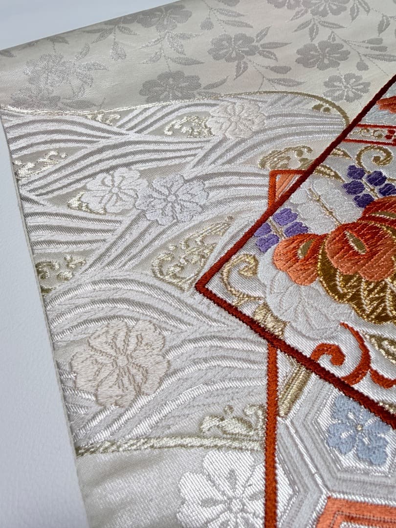 高級 袋帯 正絹 六通柄 香織袋帯 シルバー ホワイト 唐織 かるた遊び