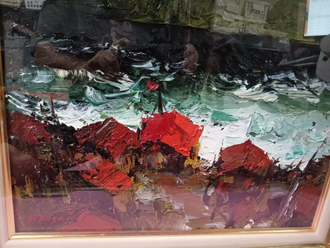 油彩画 葛西四雄作「北の浜辺」F8号 額付 サイン有 真作