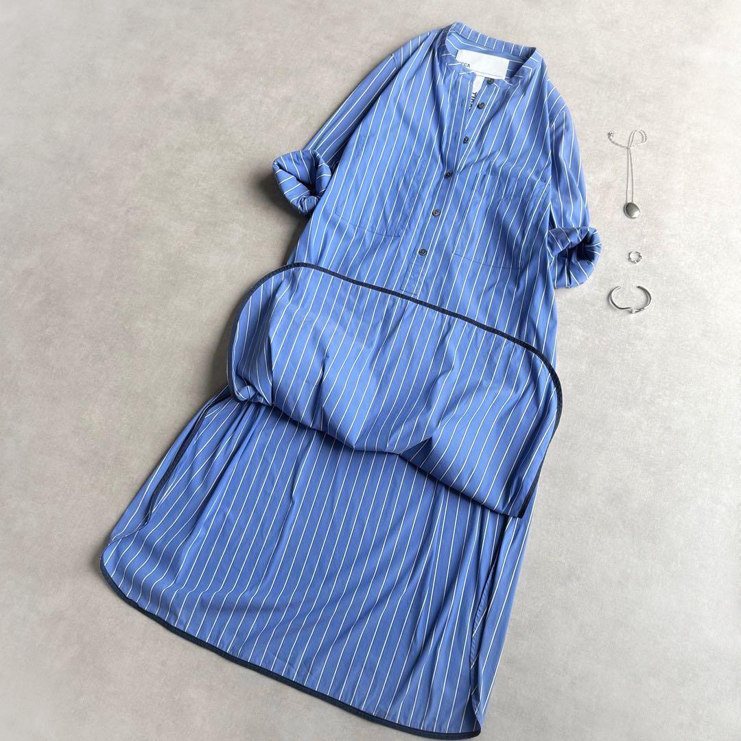 美品△TICCA ティッカ//ブルーストライプ スキッパーロングシャツ