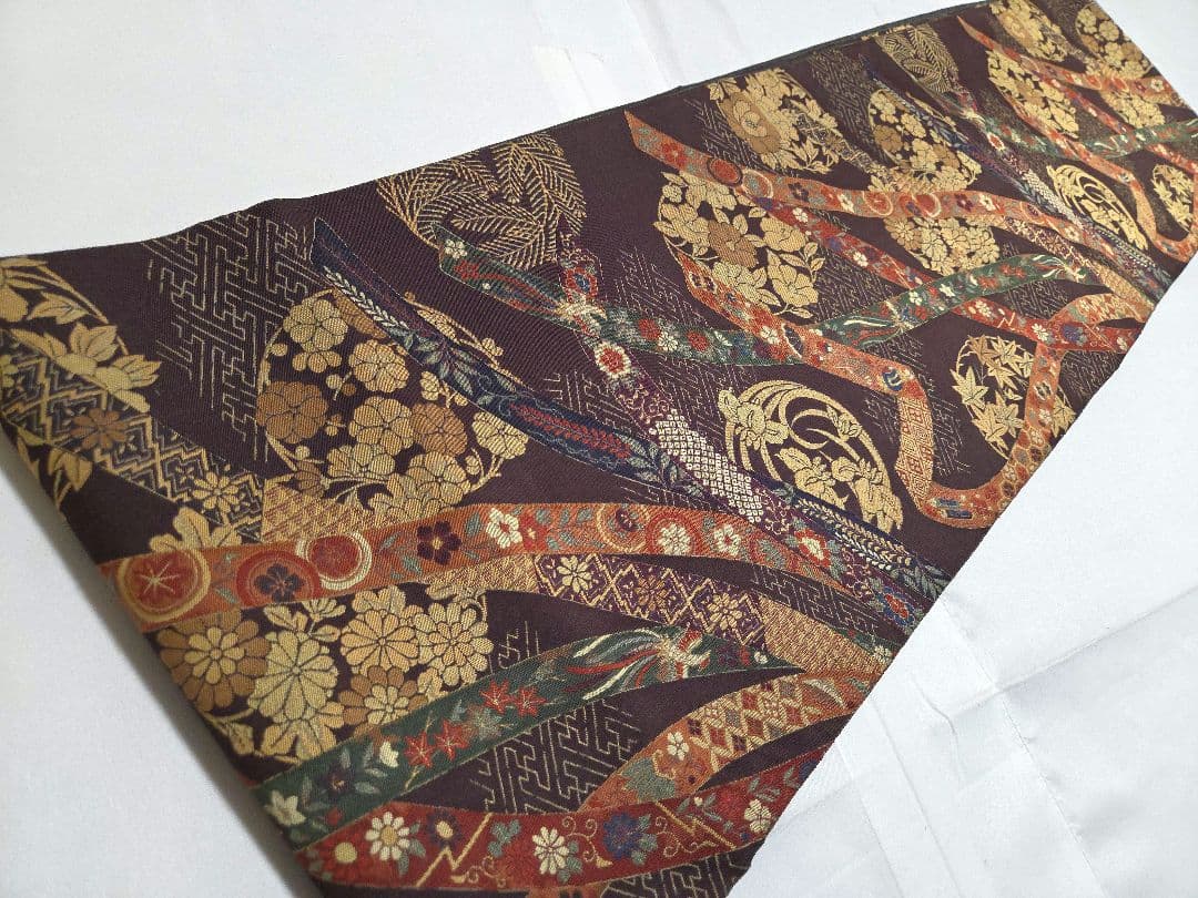 A◇着物くつろぎ 麹塵染 熨斗に花模様 六通 正絹 フォーマルな