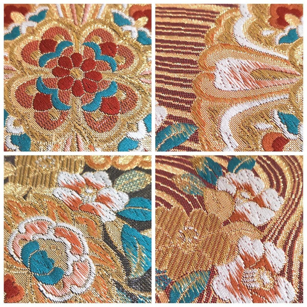 B5 正倉院華文 金糸 椿 波 六通 正絹 振袖 礼装 フォーマルな袋帯 O43