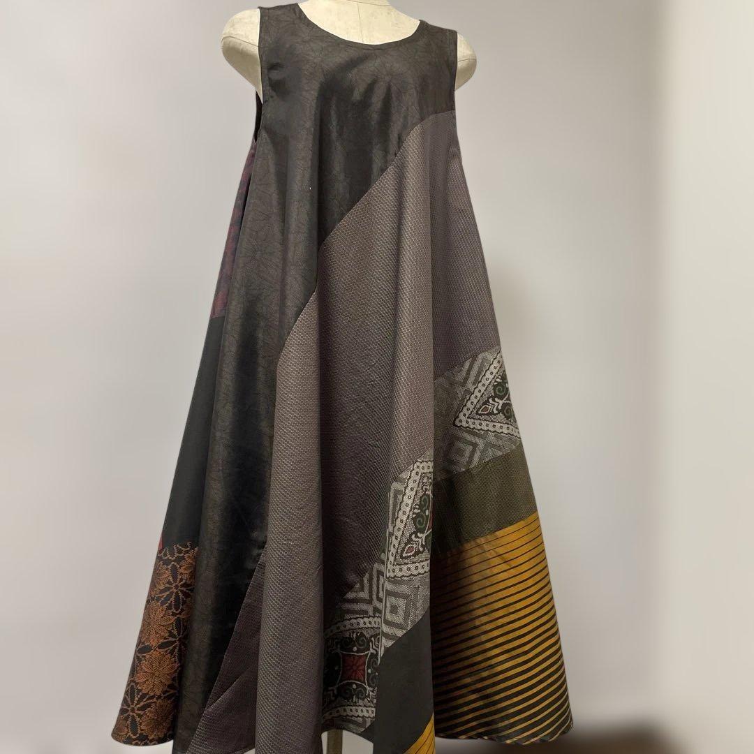 着物ワンピーステントラインロング丈《4》大島紬や紬等(7マルキ含)M〜L