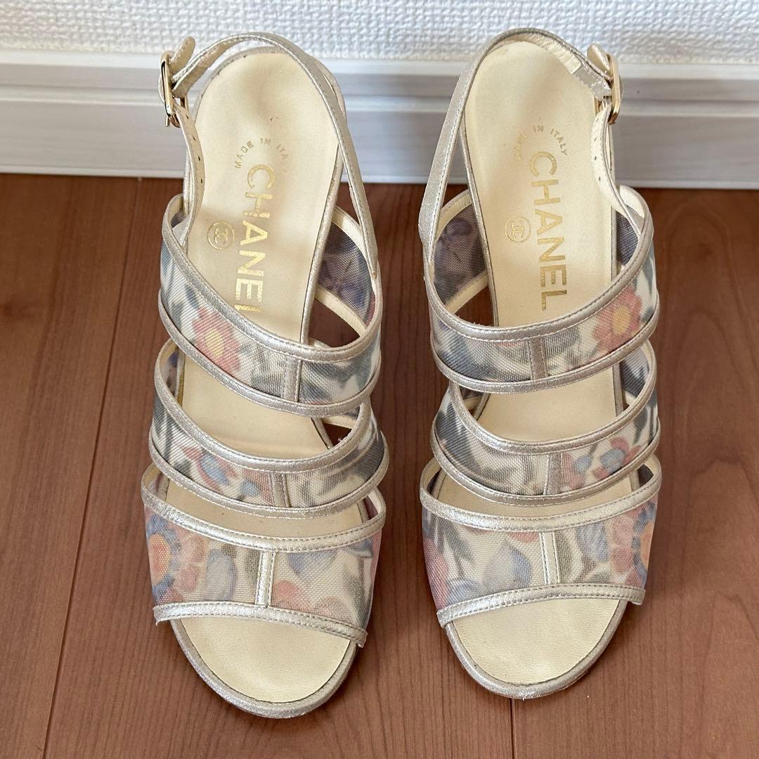 CHANEL 花柄メッシュサンダル 37.5C 24〜24.5㎝ ハイヒール