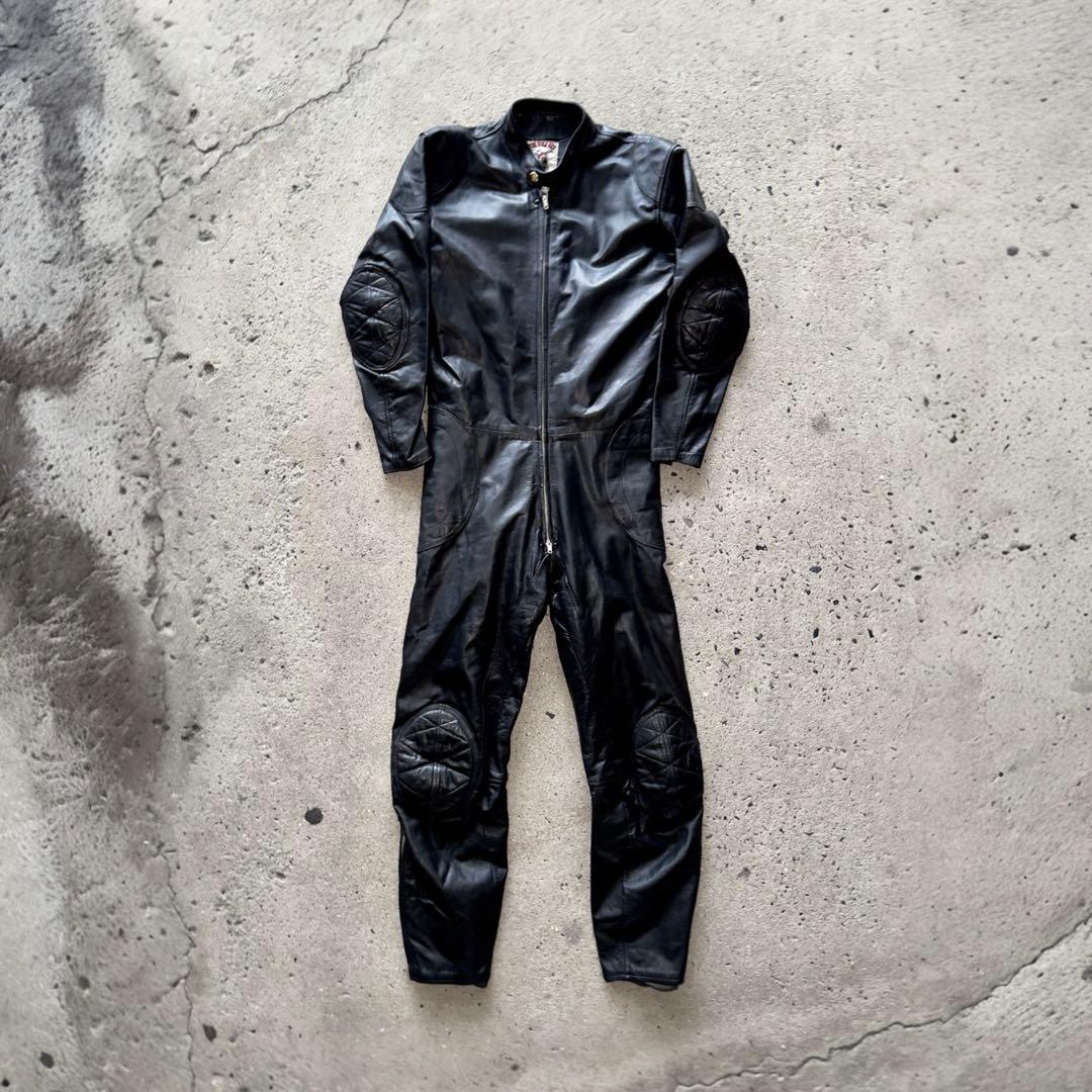 ブラックレザー バイクツナギ 膝パッド付き 革ツナギ レザースーツ