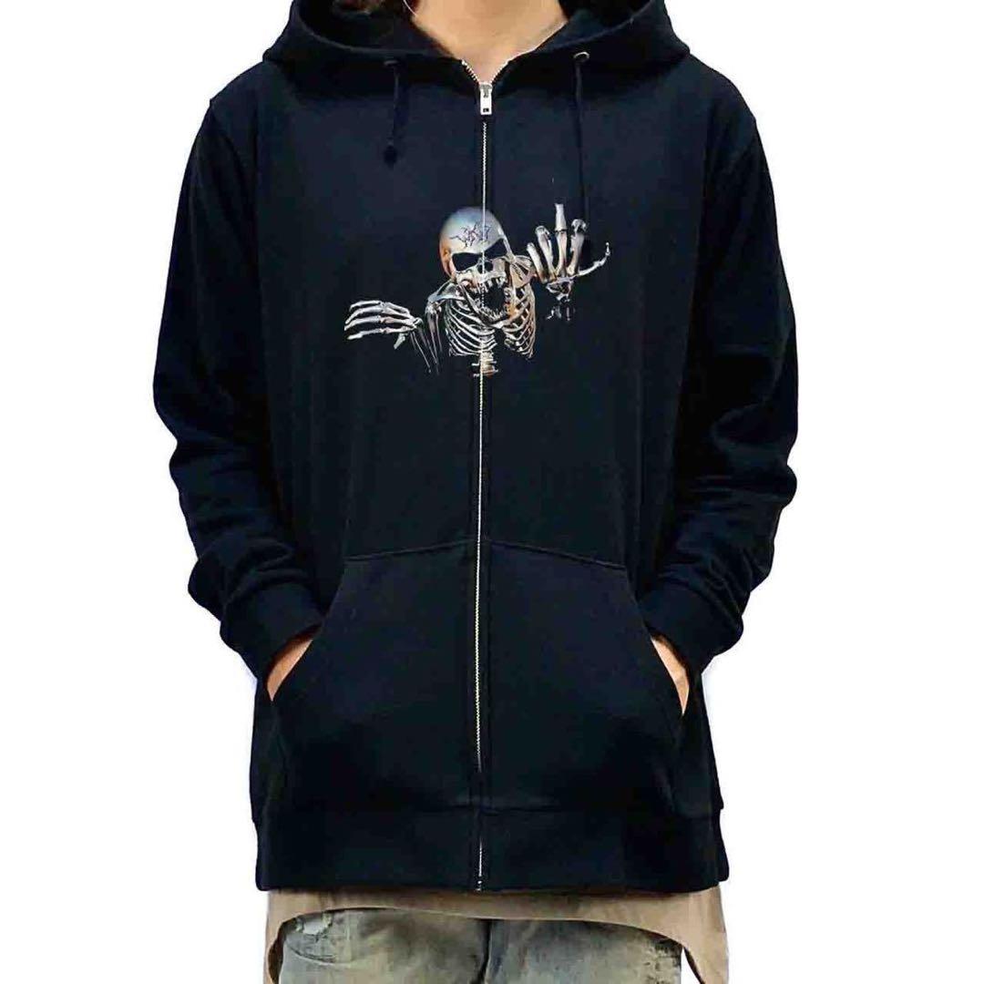 新品 骸骨 ガイコツ ドクロ スカル 死神スケルトン 中指 挑発 パーカー