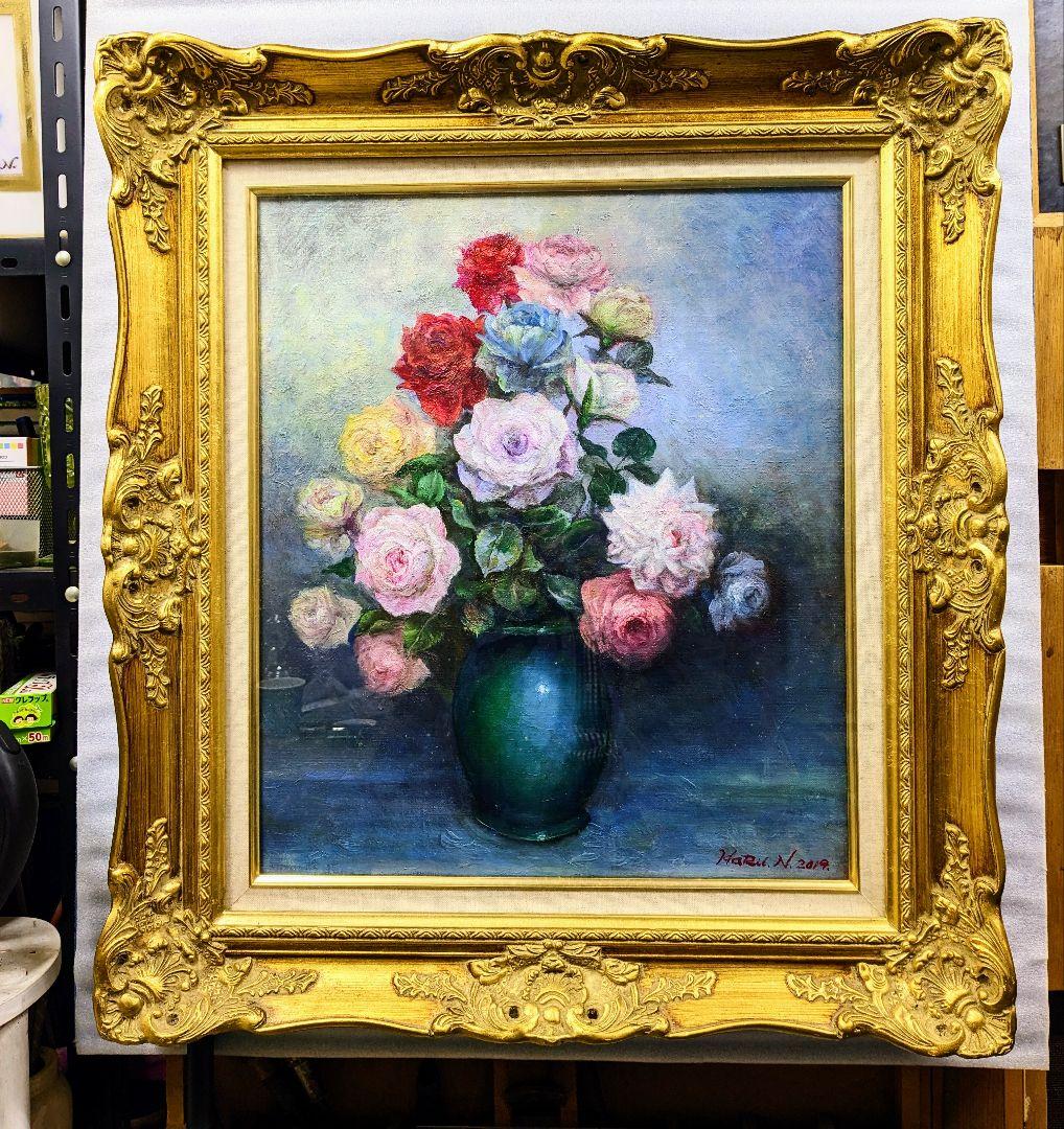画家haru☆F10号油彩画☆薔薇☆真作、原画、一点物、写真の額縁付