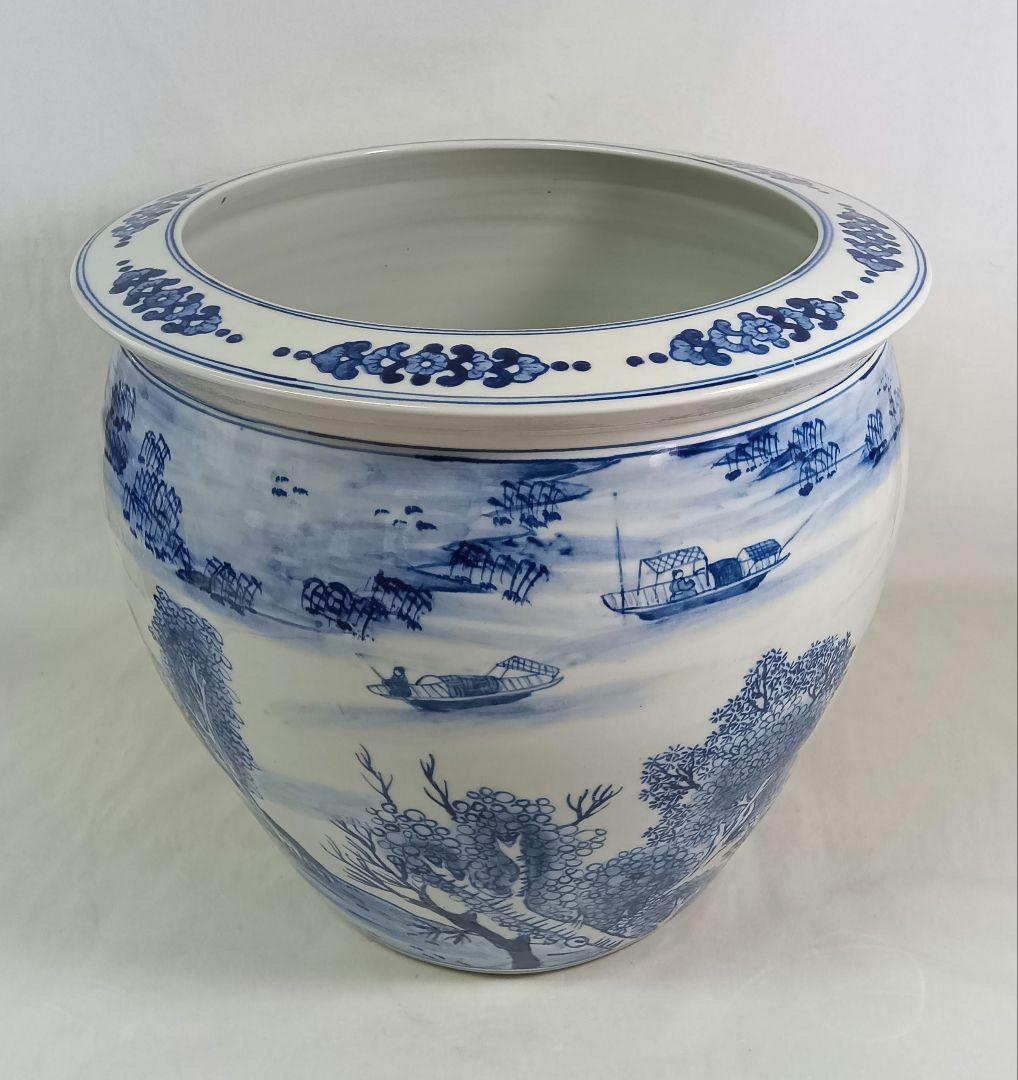 幸山窯 水鉢 メダカ鉢 山水画 火鉢 染付 金魚鉢 睡蓮鉢 骨董 レトロ