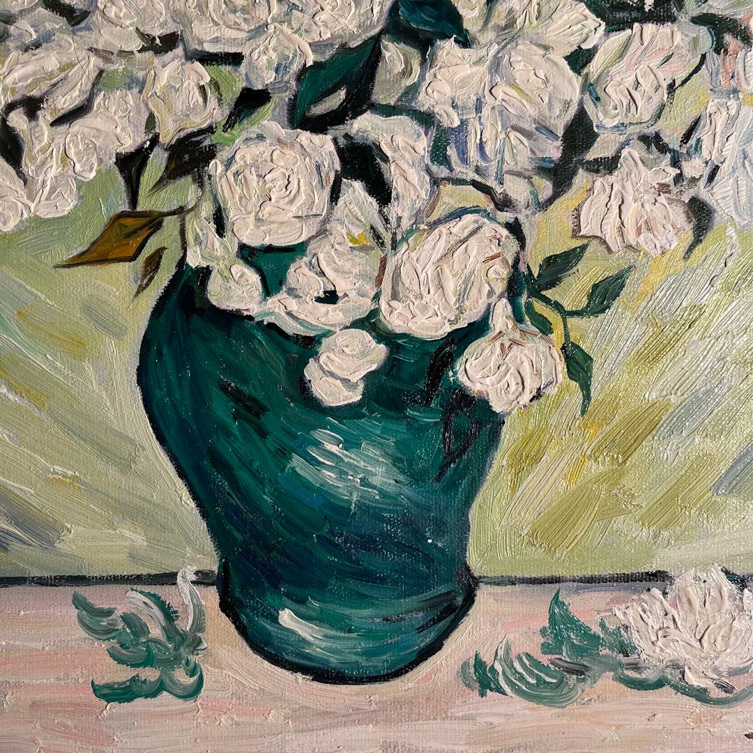 ☆秀作☆ 手書き油絵 ゴッホ 花瓶のバラ額付 肉筆絵画 オファー