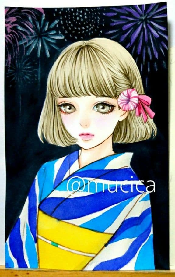 ポストカード 《 花火と浴衣 》オリジナル 手描きイラスト
