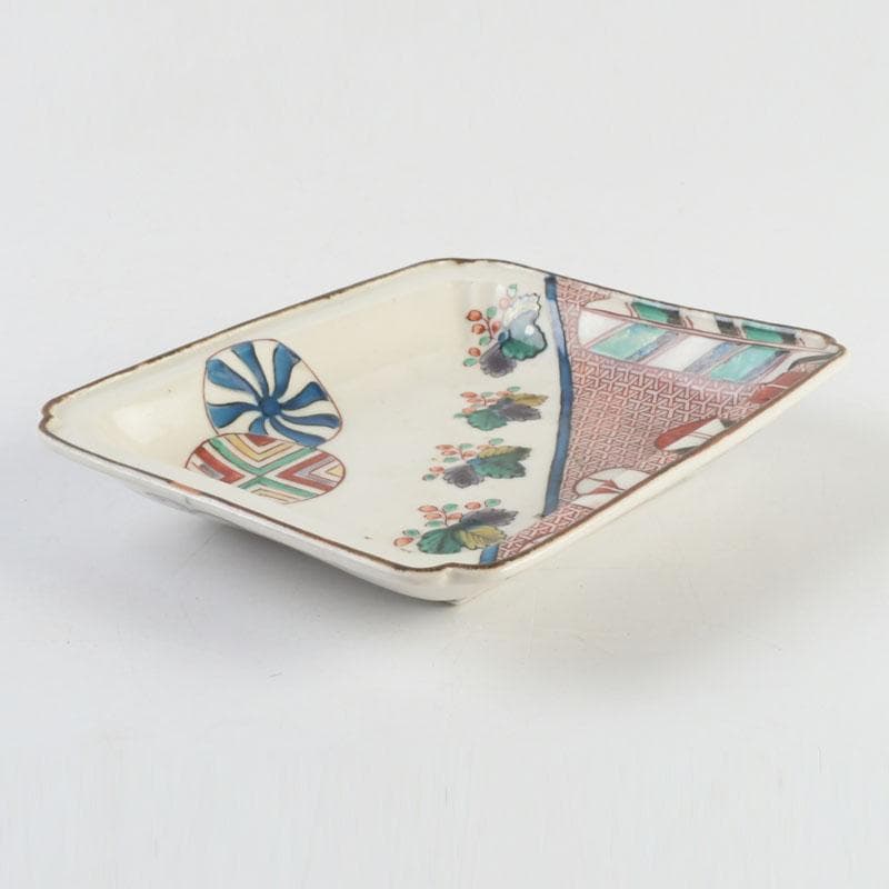 九谷焼 古九谷 角福銘 色絵花草文 四方皿 時代箱 C 9248