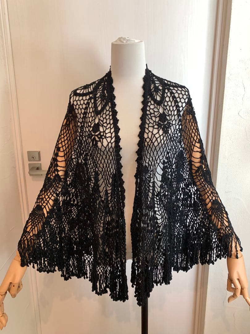 レース編み ブラック ショール フリンジ付き - メルカリ