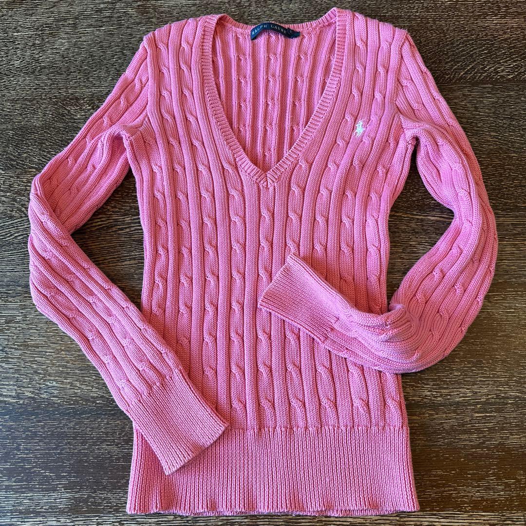 Ralph Lauren ケーブルニットセーター ピンク S コットン100% - メルカリ