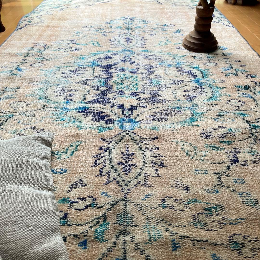 99×222 ペールベージュ×ブルー メダリオン 擦れトルコヴィンテージラグ