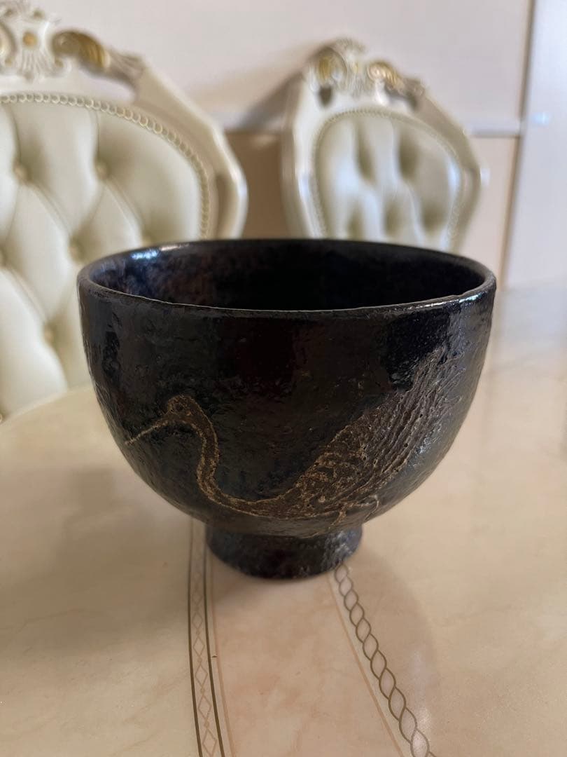 茶道具 尾形乾山造 鶴 黒筒茶碗 極め箱