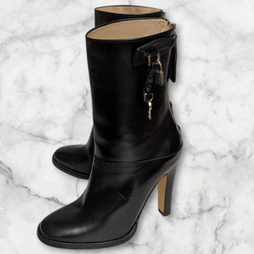 良品 Dolce & Gabbana 黒革 ショートブーツ 23cm 南京錠雪冬