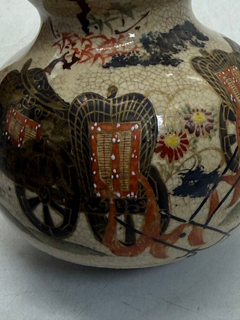 時代 仁清作 色絵金銀彩瓢箪型花車紋 共箱 茶道具 送料込み260122