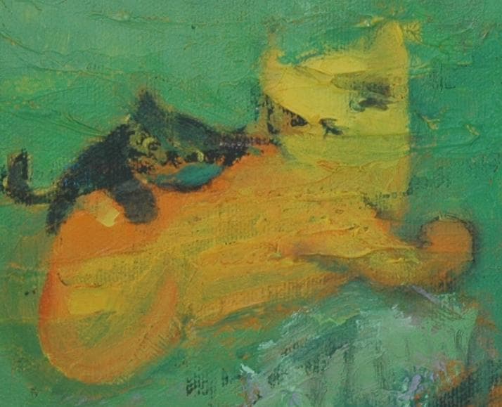 油絵 菅家令子 絵 絵画インテリア額付(青緑＋金色の枠)uF6-071219