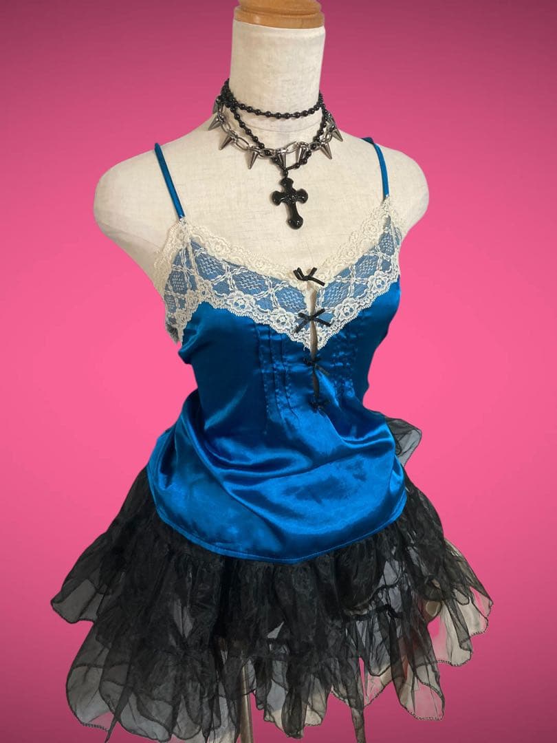 y2kサテン姫ギャルレースリボンゴシックキャミフェアリーグランジ古着