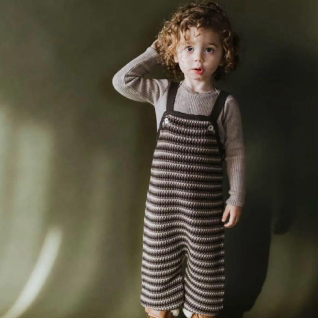 MABLI マブリ ロンパース ベージュ ボーダー ニット オーバーオール 2y