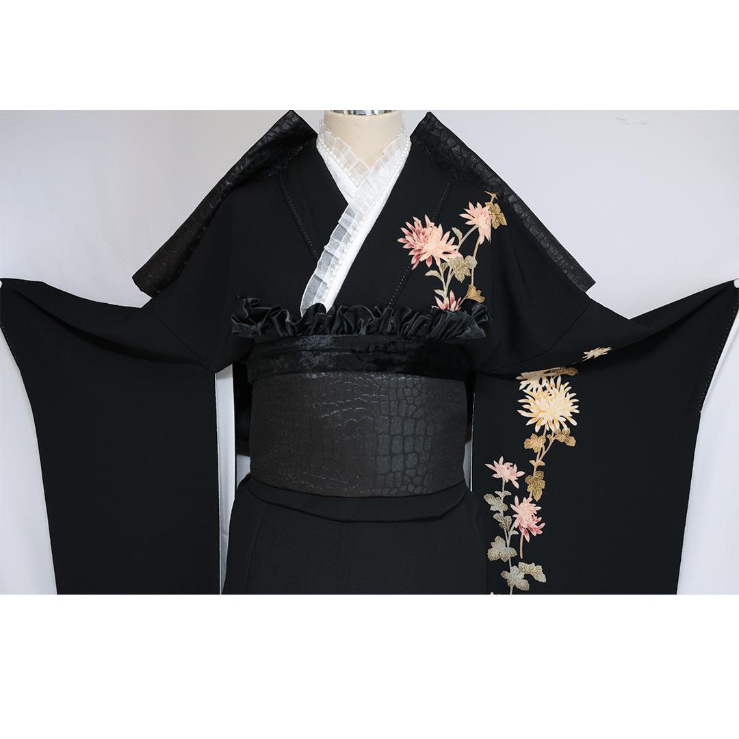 美品□人気黒コムサデモード振袖7点セット帯新品帯締め帯揚フルセット