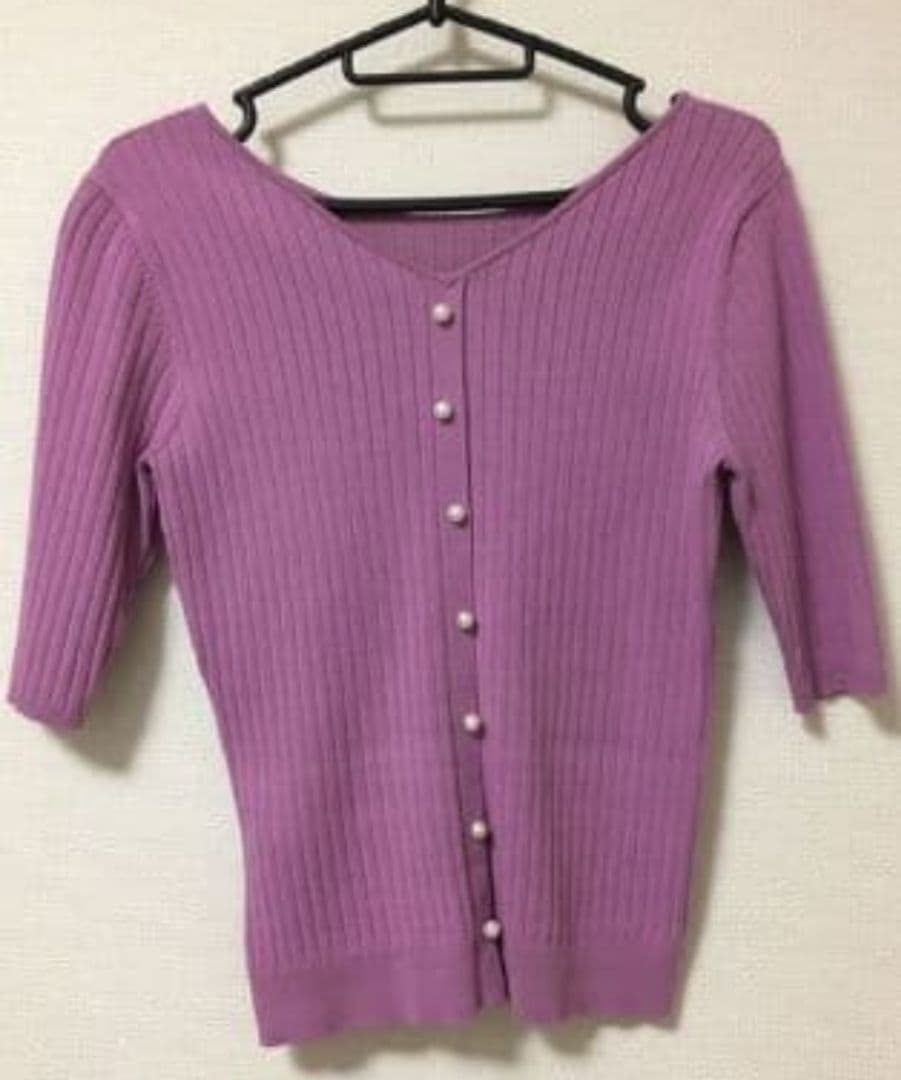 パープルリブ編みカーディガン 7分袖 パープルリブ編みカーディガン 7分袖