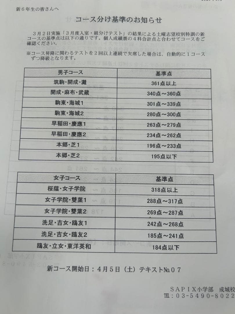 6年 SAPIX テスト 3月〜7月 志望校判定 コース基準表つき - メルカリ