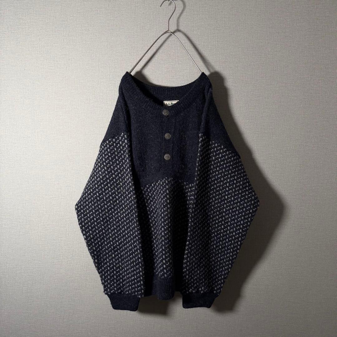 ノルウェー製★L.L.Bean バーズアイニット ハーフボタン ネイビー 人気L