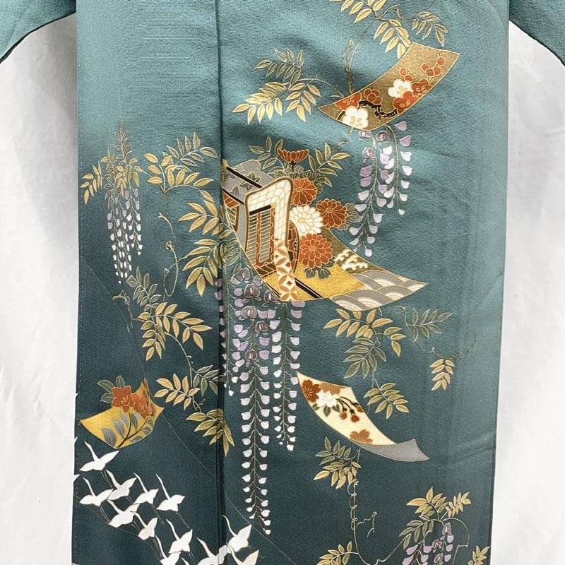 512mo36〇色留袖 三つ紋 金彩 比翼付き 鶴 藤 短冊 くすみ青緑系〇美品