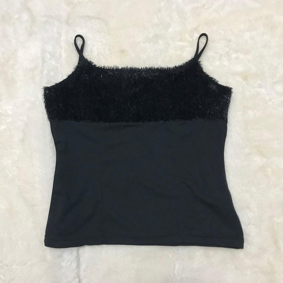 y2k フェアリーコア シャギー キャミソール ブラック 異素材 M 平成