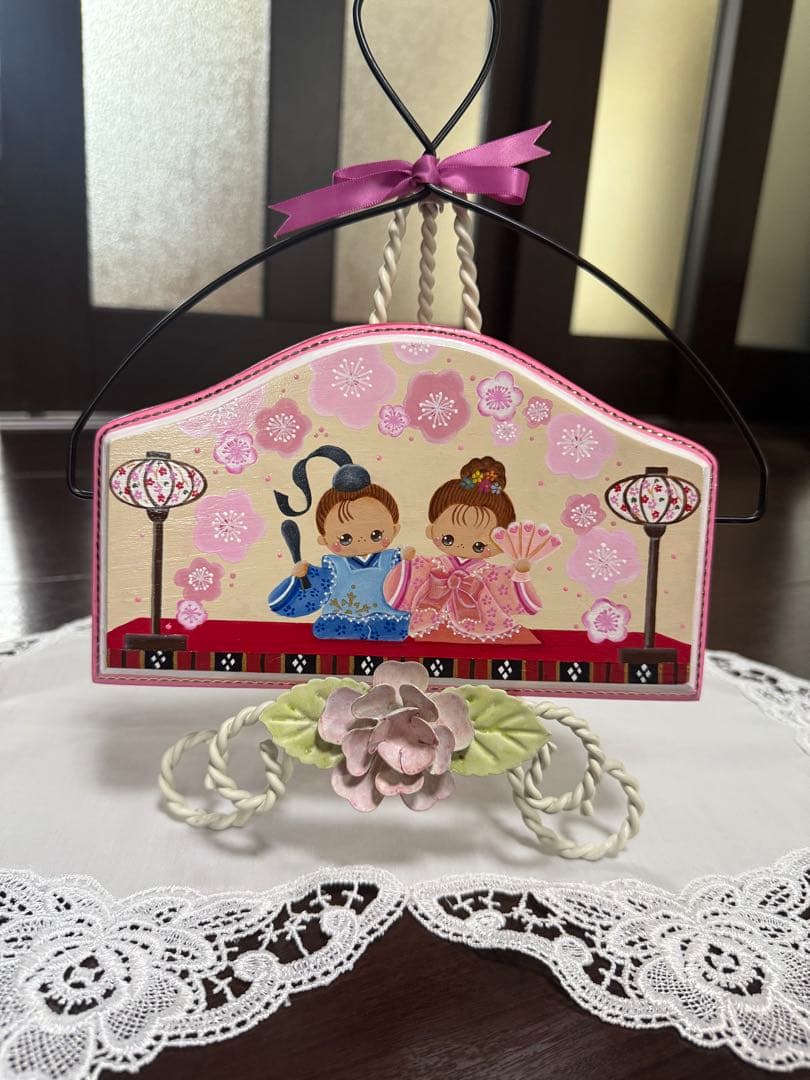 トールペイント作品 ひな祭り 木製 壁掛け リボン付き 春夏秋冬の飾り