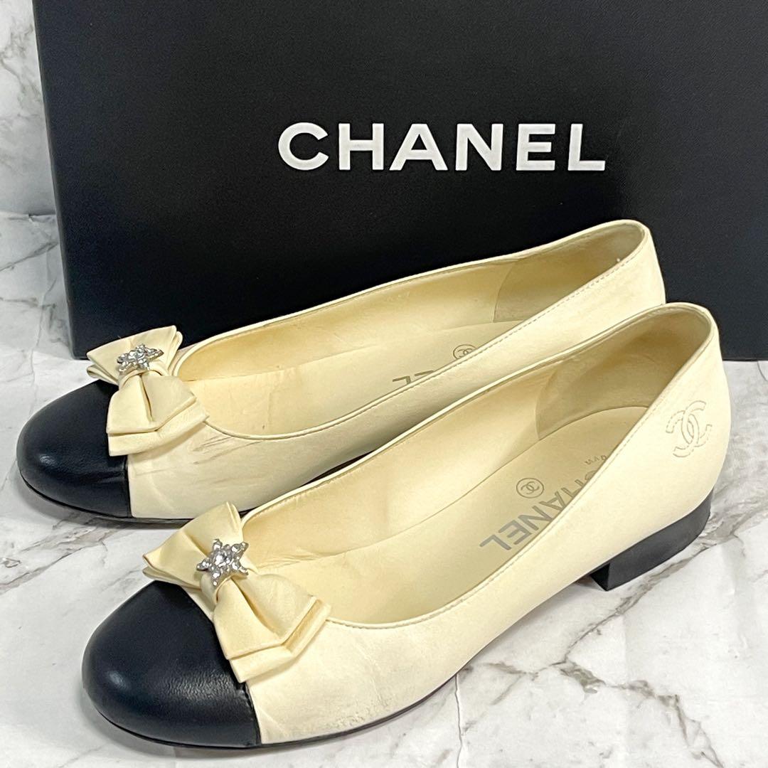 シャネル　スタービジュー　リボン　ココマーク　パンプス　レザー　23cm　箱付き シャネル スタービジュー リボン ココマーク パンプス レザー 23cm 箱付き