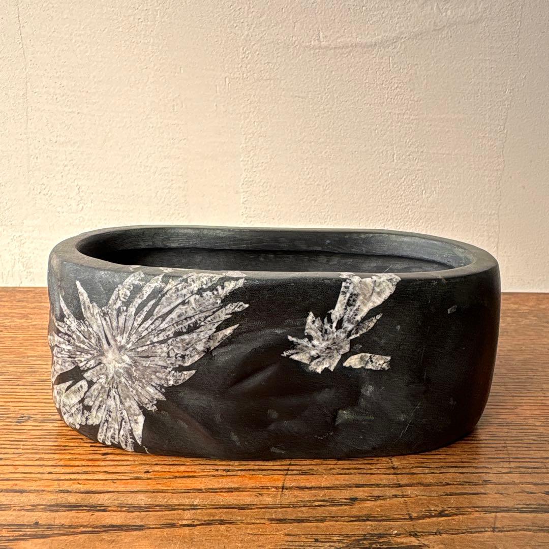 菊花石 鑑賞石 くり抜き 花器 水盤 いけばな 黒 茶花 レア 骨董 珍品