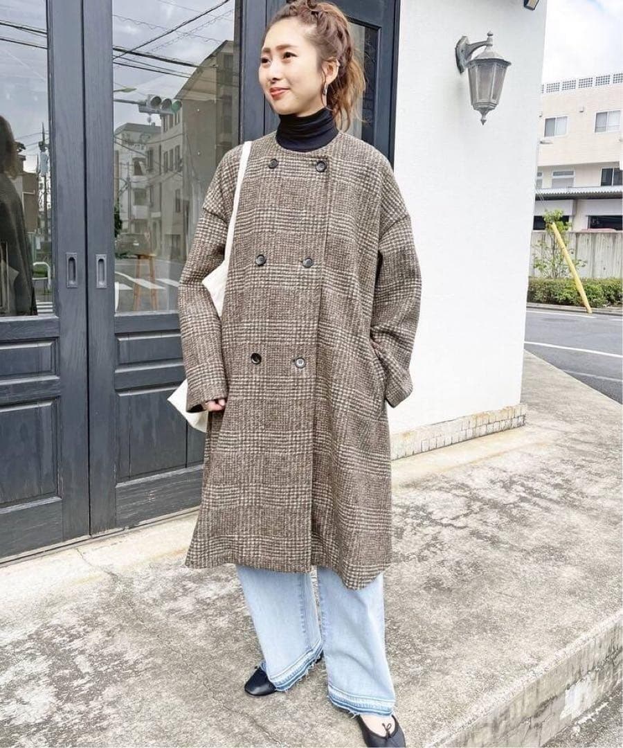 新品 Spick ＆ Span Wスライバーノーカラーチェックポンチョコート