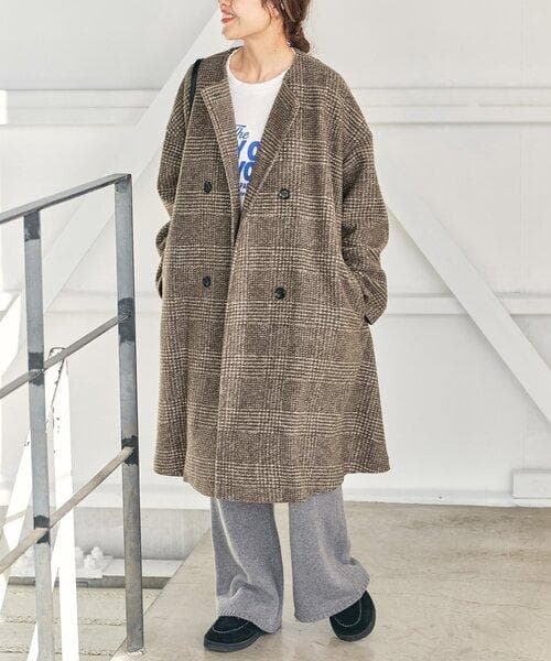 新品 Spick ＆ Span Wスライバーノーカラーチェックポンチョコート