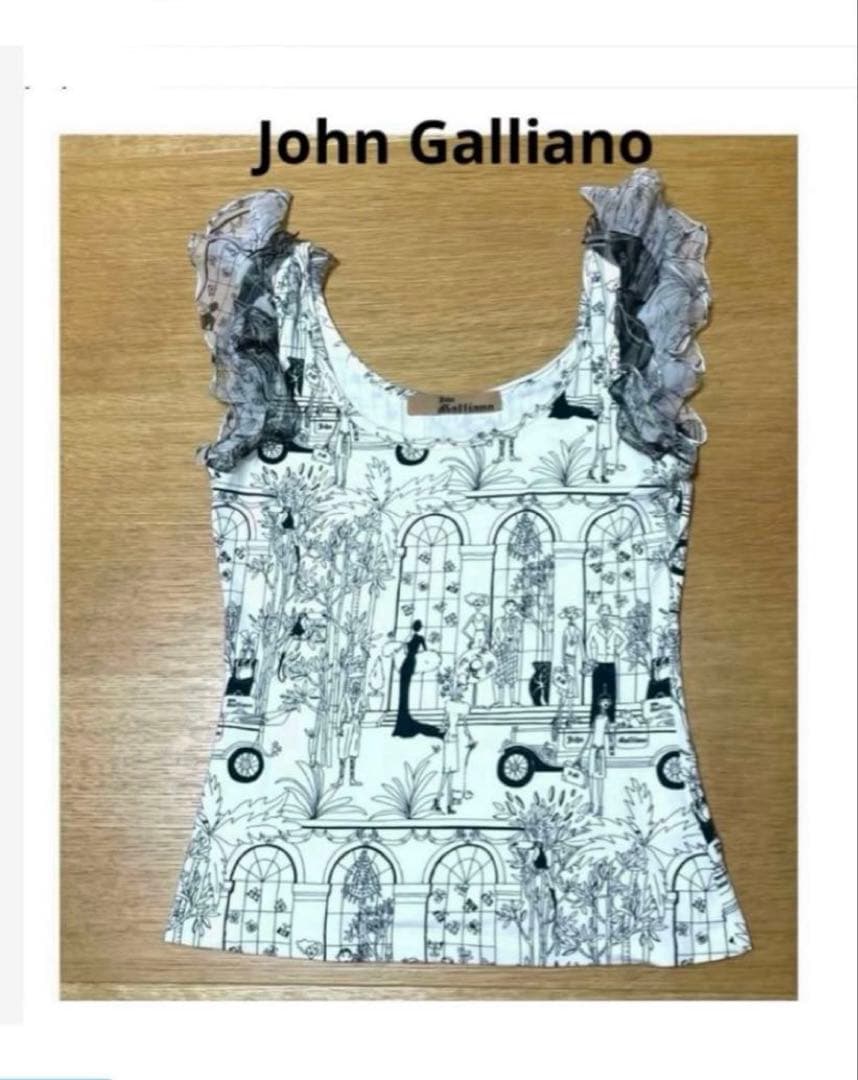 John Galliano ジョン ガリアーノ 　激レア　ノースリーブカットソー ジョンガリアーノJohn Galliano フロント3D装飾ロゴカットソー 黒S (K