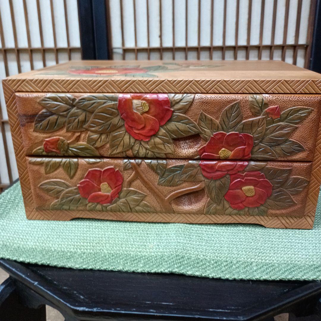 日光彫り二段抽斗(ひきだし)　赤椿　最終価格