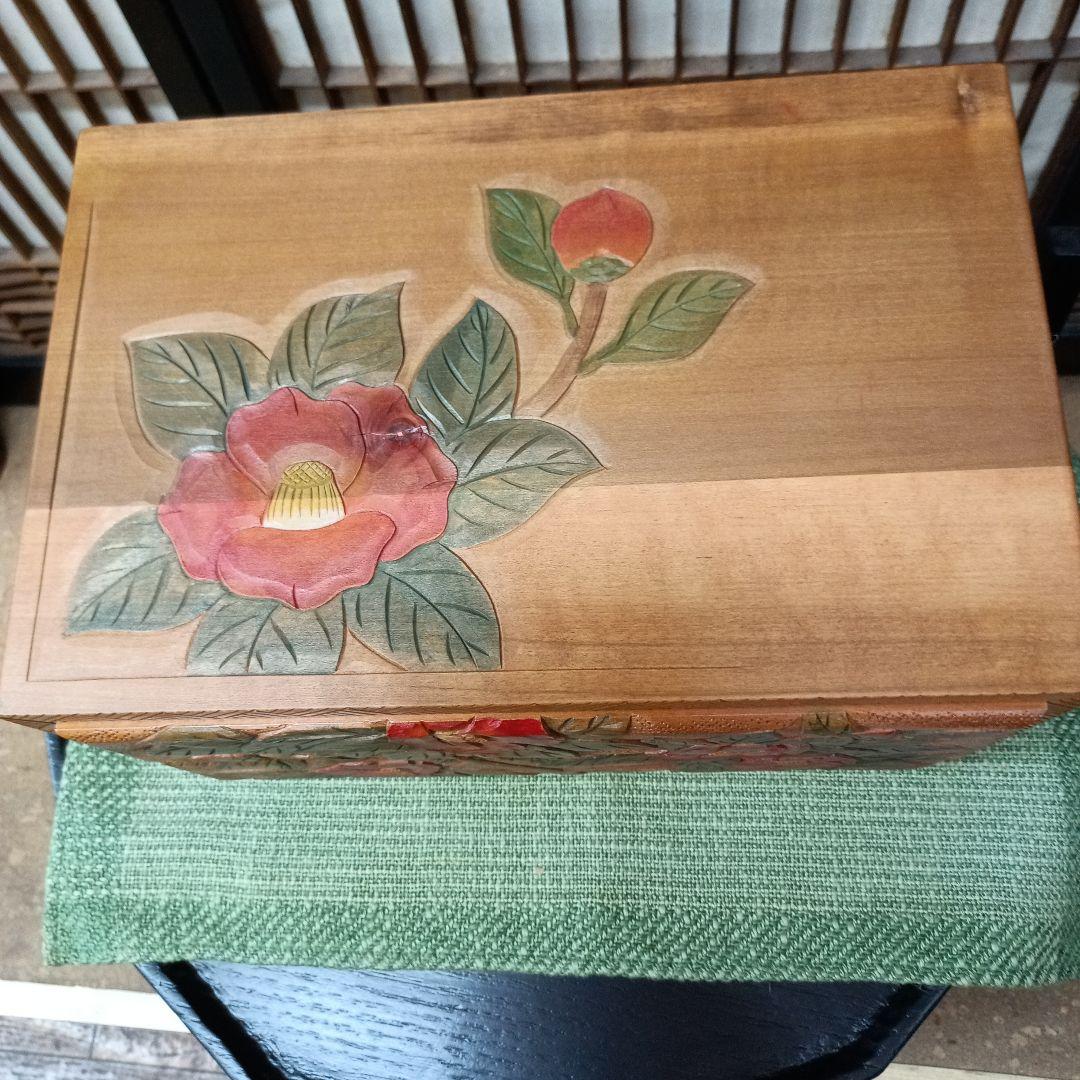 日光彫り二段抽斗(ひきだし)　赤椿　最終価格